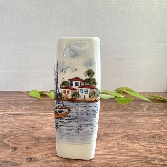 Handmade Ceramic Vase With Coastal & Floral Designs Greece Artist Signed 6" Tall - Picture 3 of 9
